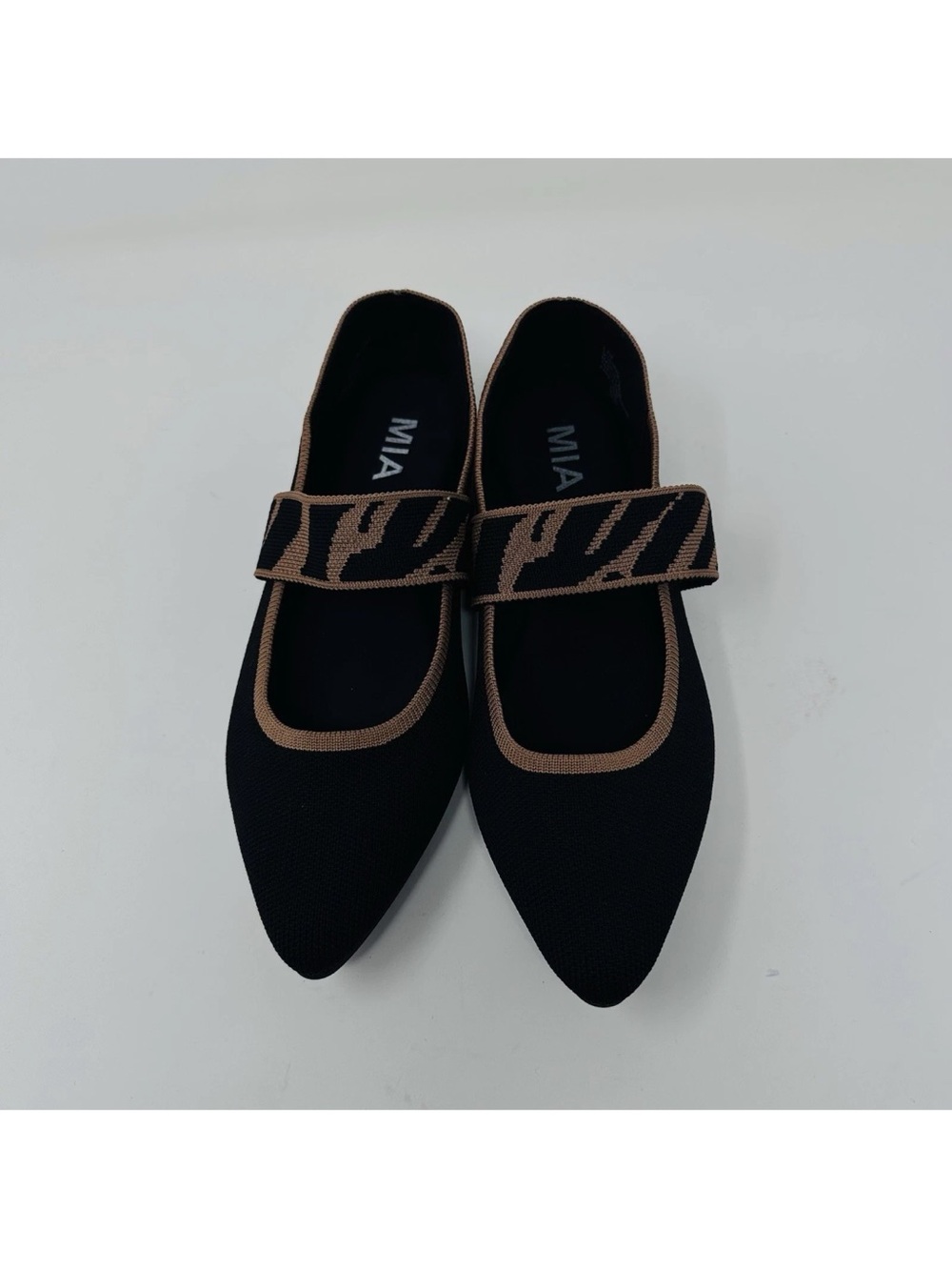 MIA Black Pointed Mary Jane Flats with Brown Trim